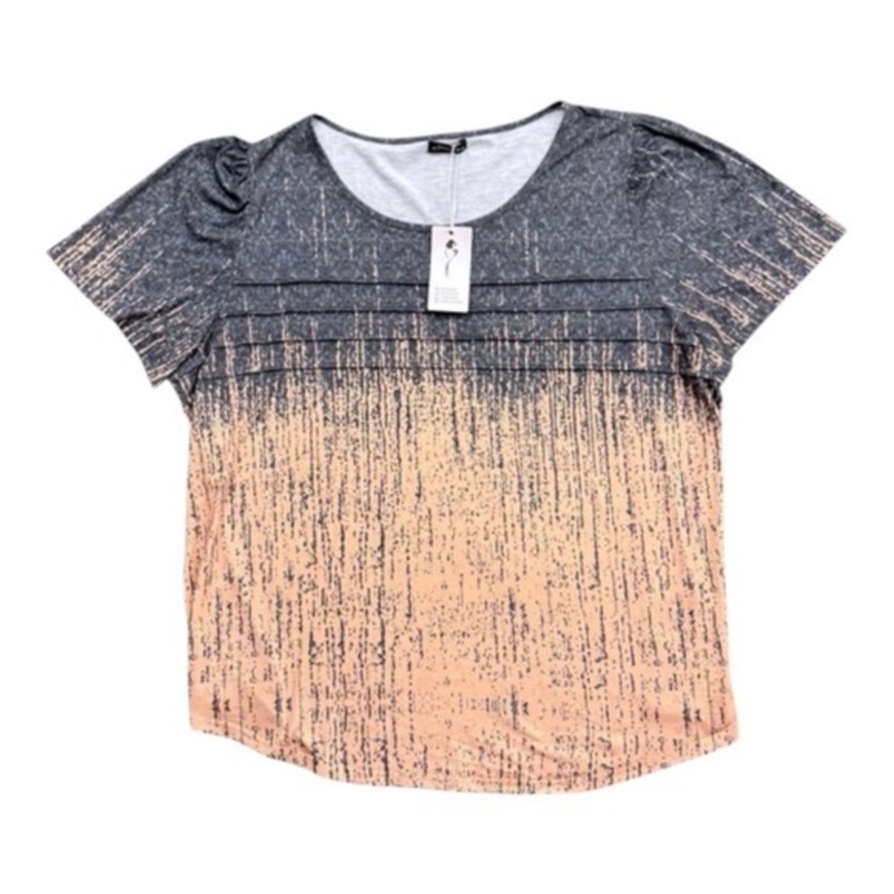 Ofeefan Plus Size 3XL Shirt Grey Peach Ombre Pleated Scoop Neck